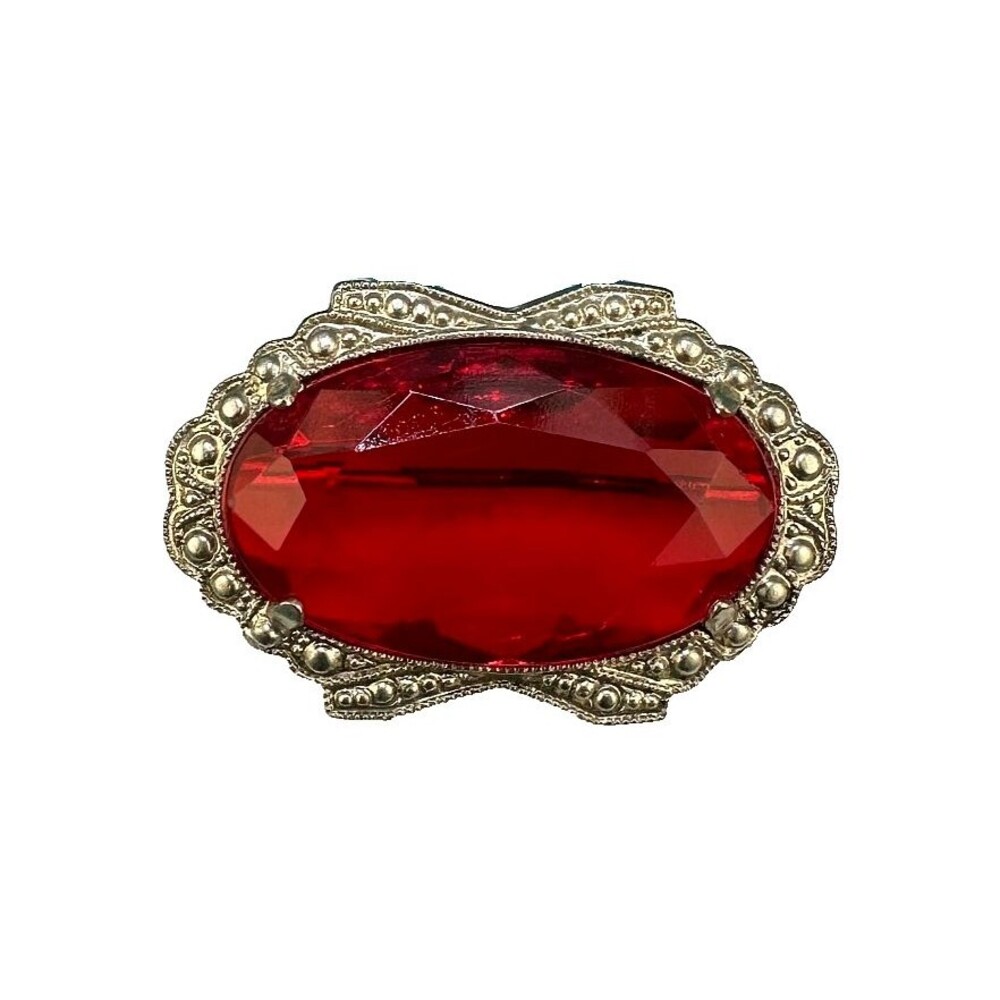 Vintage Brooch Pin Red Glass Oval Faceted Silver Tone Cut Steel Edwardian